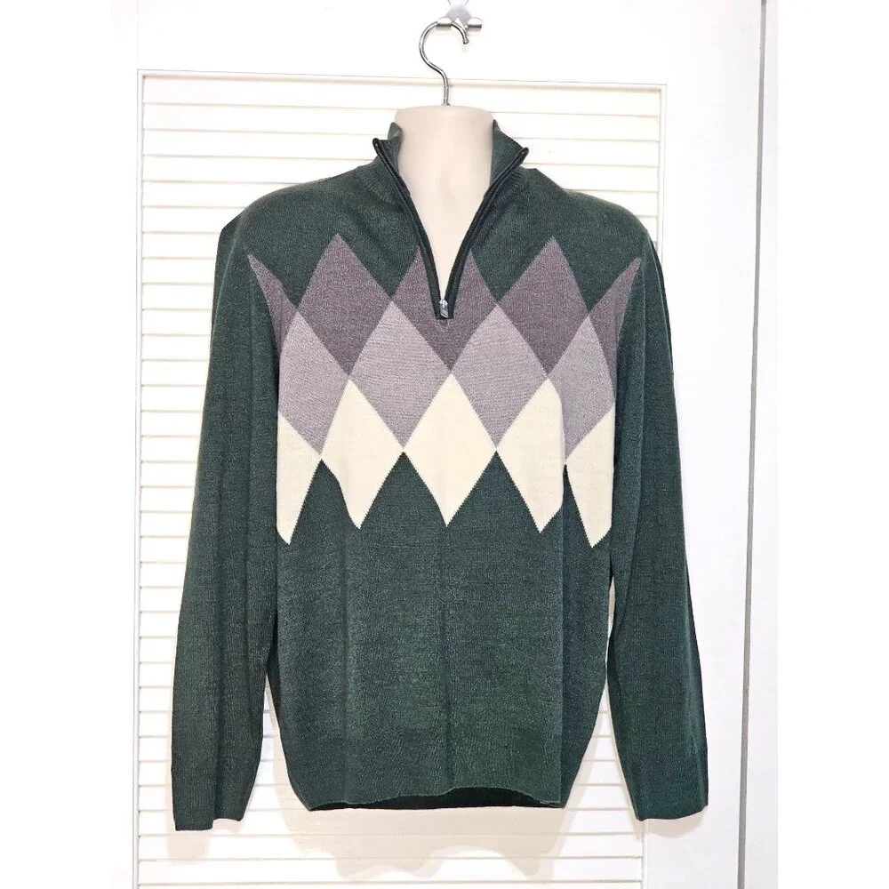 NWT Dockers Men's Argyle Green Gray White Cotton Quarter-Zip Sweater Sz L 2263 - Picture 4 of 8